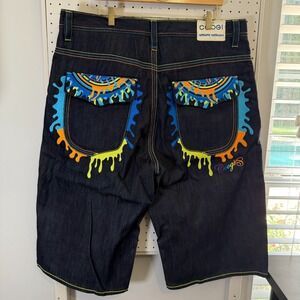 Coogi Denim Shorts Men's 40 Blue Yellow Slime Button Embroidered Dark-Wash
